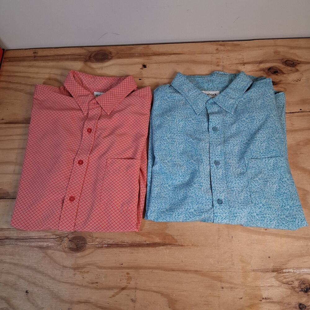 Haggar Mens Button Up Short Sleeve Shirt Sz L Lot Of 2 Blue Orange Collared